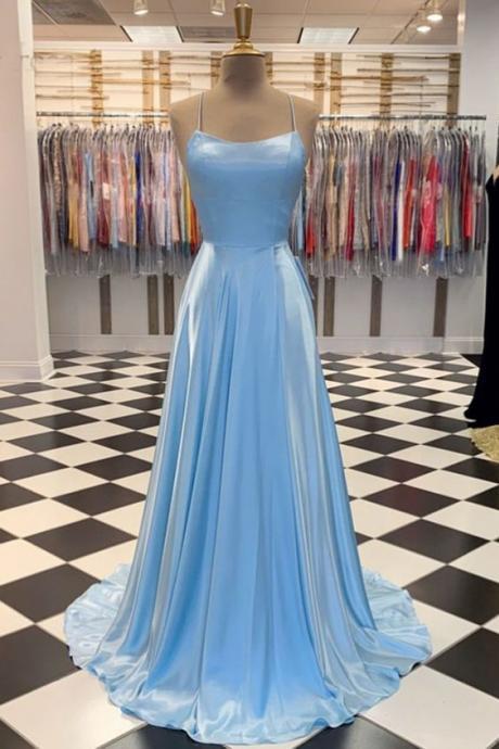 Simple Blue Satin Open Back A Line Prom Dress Long Graduation Dress M666