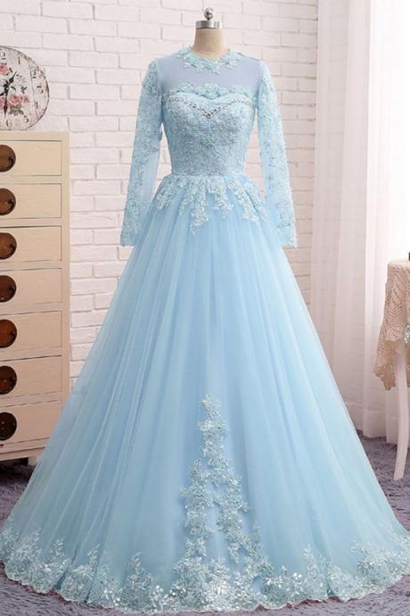 Blue Lace Tulle Long Sleeve Beaded Formal Prom Dress, Plus Size Dress M668