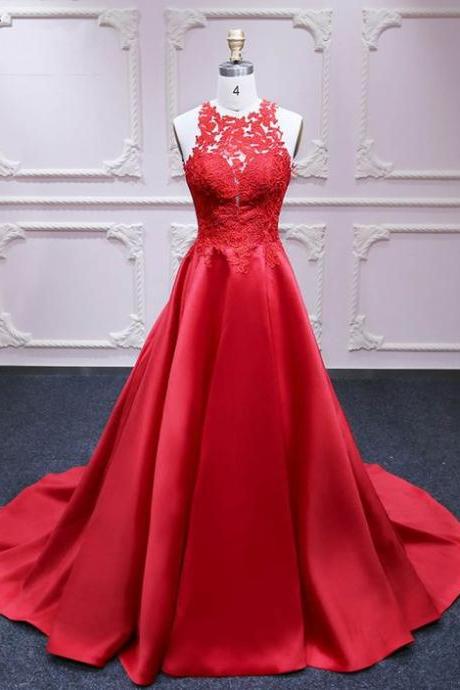 Red Satin Strapless Long Customize Formal Prom Dress With Lace Appliqué,a-line Evening Dresses M669
