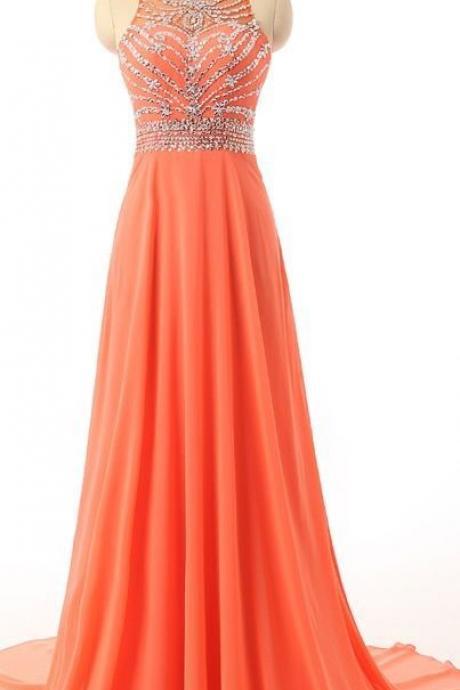 Coral Empire Beading Prom Dress, Waist Long Chiffon Evening Dress, Sleeveless Prom Dress M685
