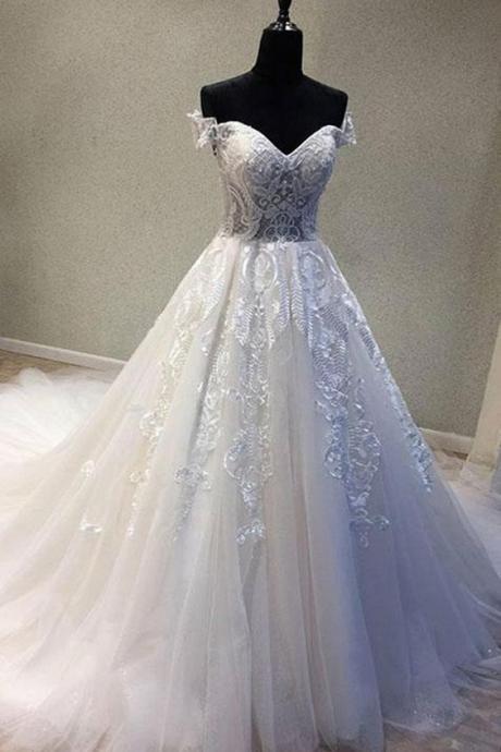 A-line Off-the-shoulder Short Sleeves Wedding Dress With Appliques M686