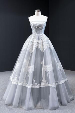 Gray Designer Strapless Ball Gown Evening Dress M690