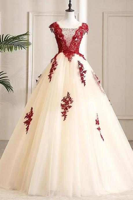 Gorgeous Champagne Tulle Long Sweet 16 Dress With Red Lace, Formal Gown M693