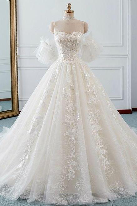 Ivory Ball Gown Tulle Sweetheart Neck Appliques Wedding Dress M695