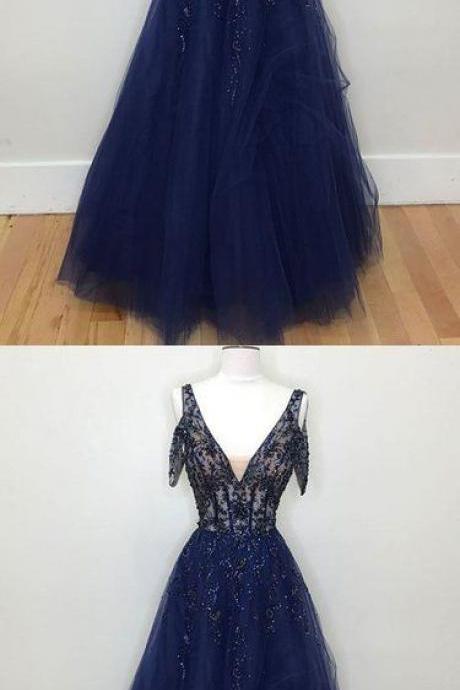 Dark Blue Tulle V Neck Lace Evening Dress, Beaded Prom Dress M696