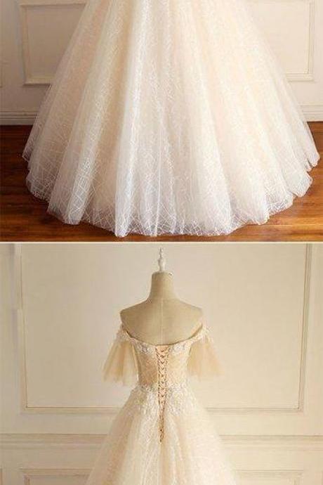 Light Champagne Tulle Lace Short Sleeve Strapless Long Formal Prom Dress, Wedding Dress M698