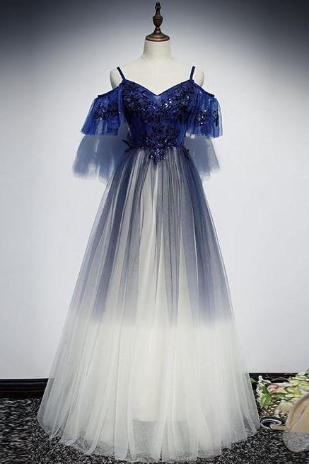 Cute Blue Tulle Lace Long Prom Dress Blue Tulle Formal Dress M702
