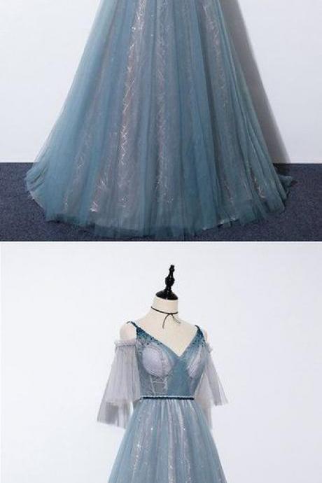 Blue Tulle V Neck Long Customize A Line Beaded Prom Dress With Mid Sleeve M704