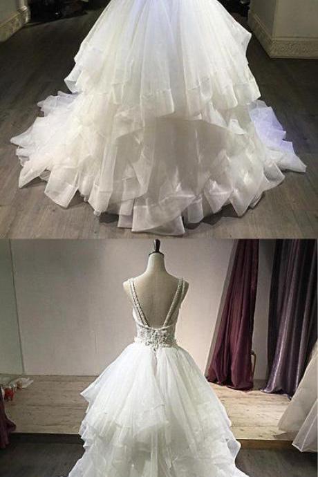 White Lace Open Back Long Pageant Prom Dress, Lace Layered Wedding Dress M707
