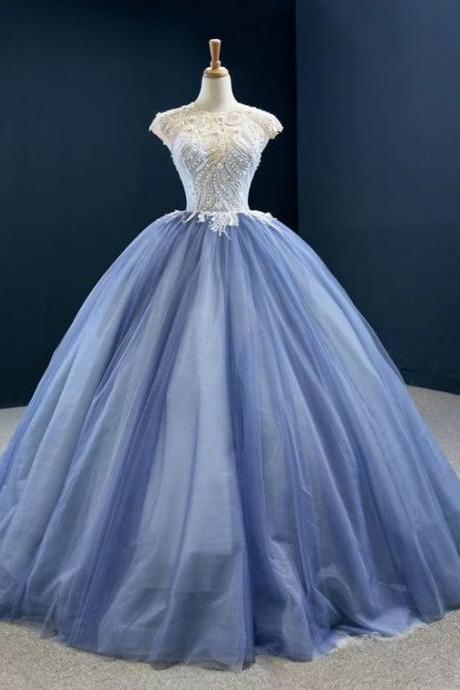 Blue Ball Gown Tulle Cap Seeve Beading Long Prom Dress M708
