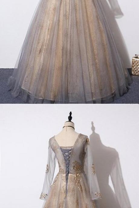 Gray Tulle Long Sleeve Gold Beaded Long Formal Prom Dress, Evening Dress M713