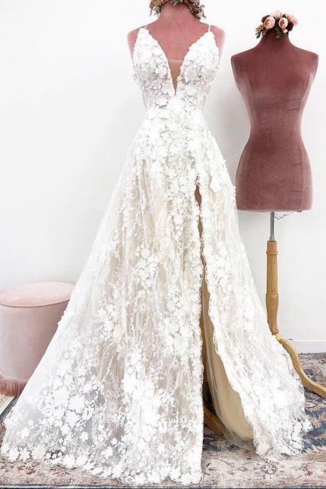 Unique Spaghetti Straps Lace Appliques V Neck Wedding Dresses, Long Wedding Gowns M715