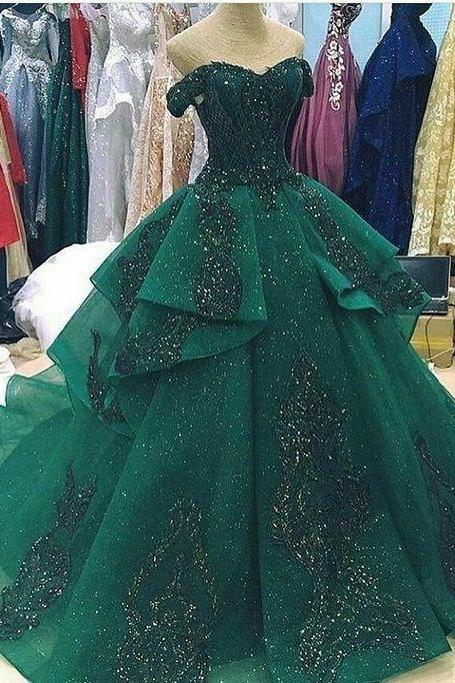 Off The Shoulder Green Ball Gown M724