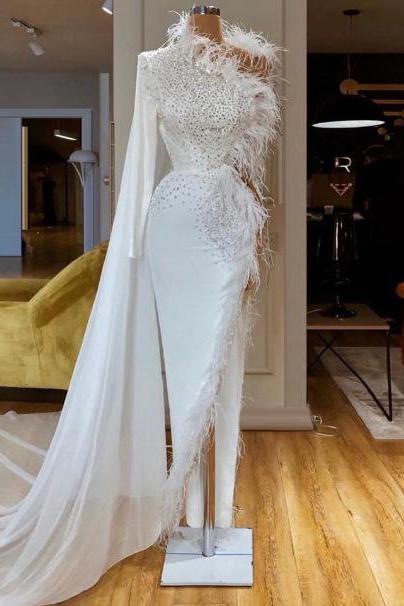 Custom Color One Shoulder Feather Evening Gown M726