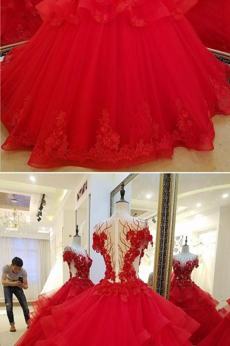 Red Tulle See Through 3d Lace Flower Beaded Multi-layer Ball Gown, Formal Prom Dress With Sleeve M727