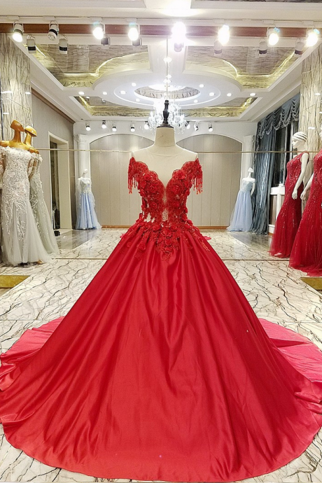 High-end Luxury Satin Evening Dress Bride Married Red Lace Flower With Beading Sweep Train Long Prom Party Gowns M728