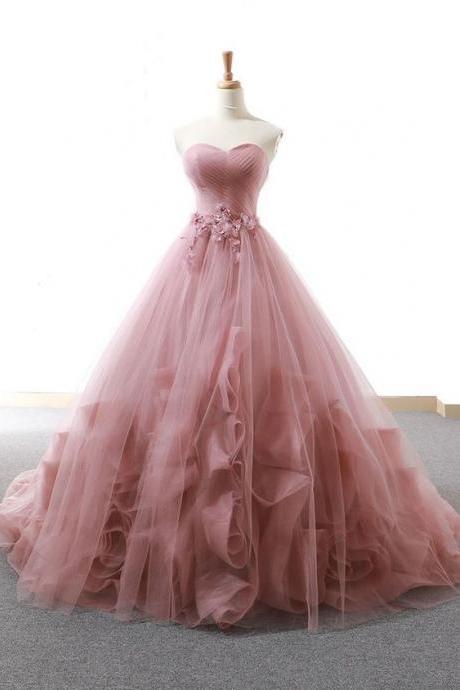 Pink Sweetheart Tulle Long Prom Gown, Tulle Evening Dress M734