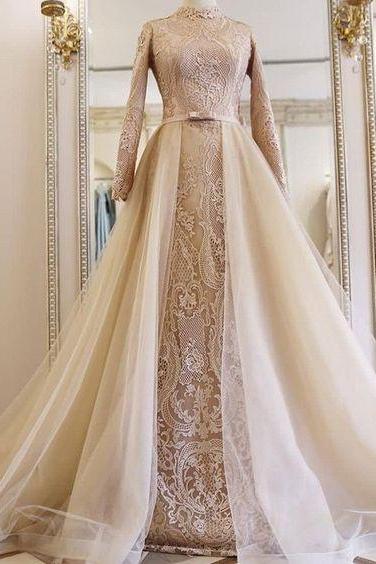 Lace Ball Gown,long Sleeve Prom Dress,fashion Bridal Dress,sexy Party Dress,custom Made Evening Dress M737
