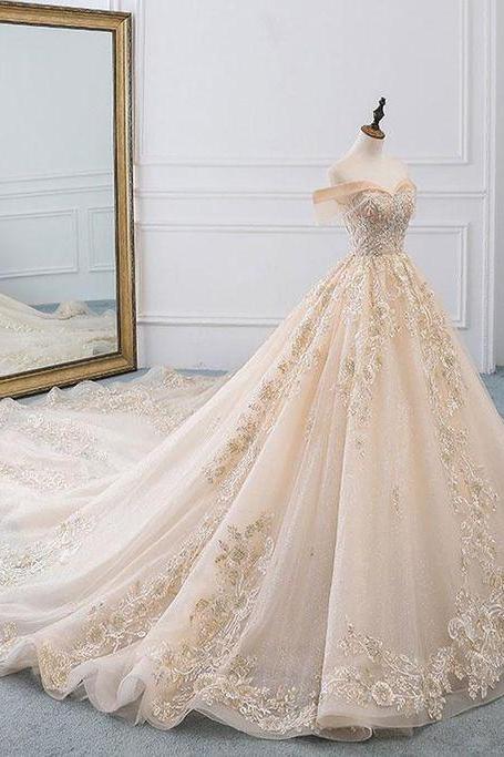 Champagne Off Shoulder Tulle Lace Long Wedding Dress, Wedding Gown M738