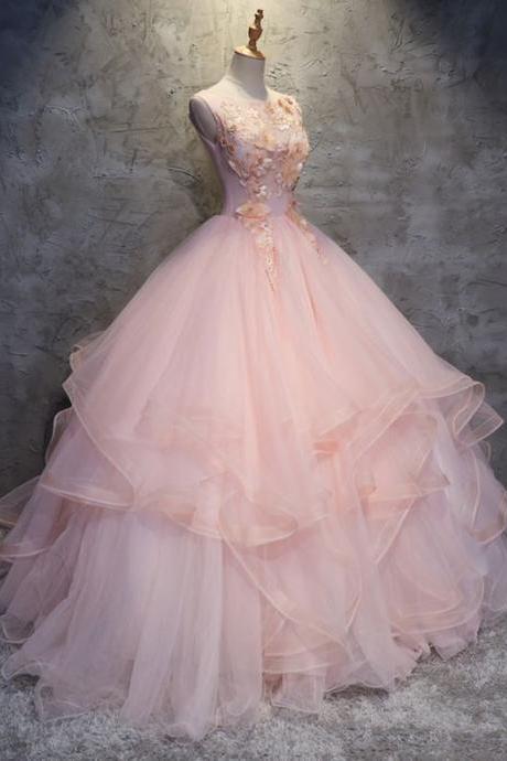 Pink Tulle Puffy O Neck Long Prom Gown With Lace Appliques M744