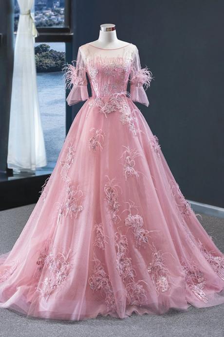 Unique Pink Tulle Lace Mid Sleeve Long A Line Formal Prom Dress, Evening Dress M745