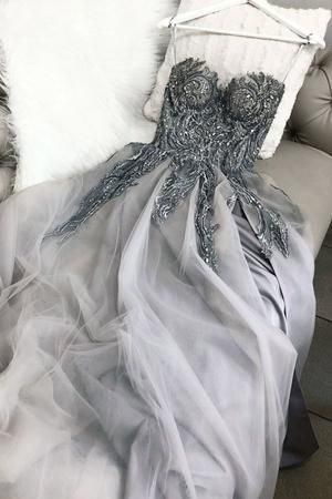 Gray Sweetheart Tulle Lace Long Prom Dress Gray Tulle Formal Dress M747
