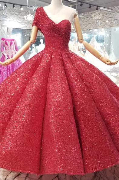 Ankle-length Wedding Party Dresses Sexy One-shoulder Princess Girl Ball Gown Red Evening Prom Dresses M750