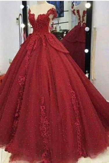 Burgundy Prom Dress,tulle Prom Dress,appliques Prom Dresses,ball Gown Prom Dress M760