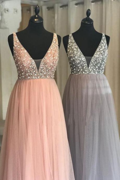 Princess Illusion V Blush Pink Prom Dress With Beading M763