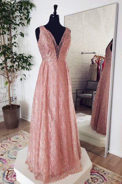 Gorgeous V Neck Blush Pink Tulle Long Prom Dress M764