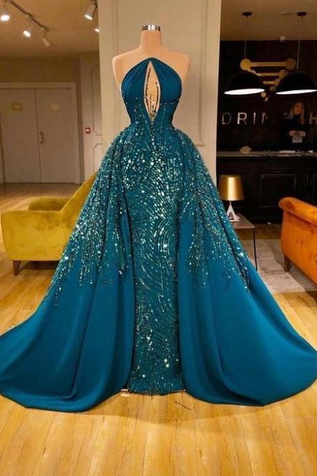 Luxury Prom Dress, Beaded Prom Dresses, Green Prom Dress, Vestido De Festa De Longo, Crystals Prom Dresses M771