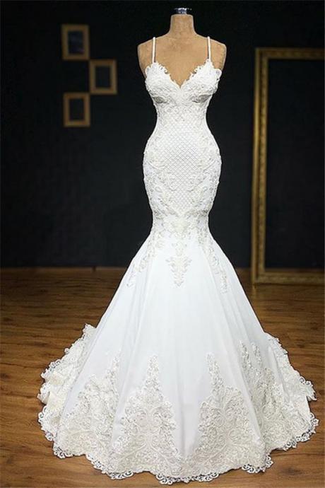 White Spaghetti Straps Mermaid Wedding Dresses With Appliques Tulle Ruffles Lace Bridal Gowns M774