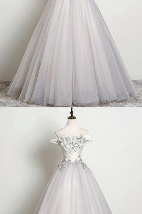 Gray Tulle Long Dress Sweet 16 Prom Dress A Line Formal Dress With Applique M787
