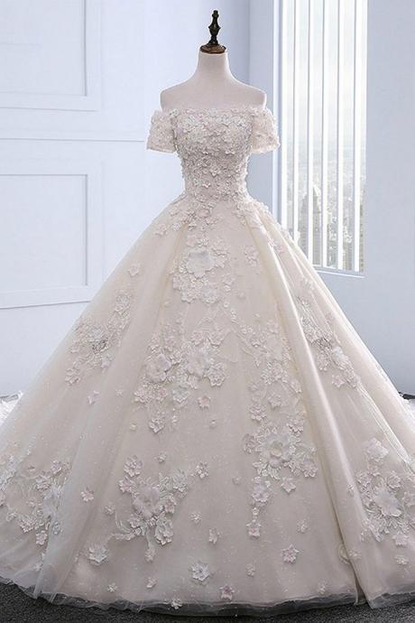 Ivory Strapless Sweep Train Off Shoulder Lace Wedding Dress With Sleeves M792