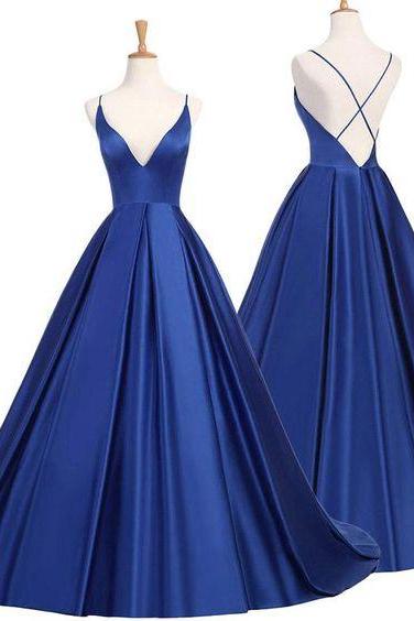 Royal Blue Prom Dress With Spaghetti Straps Sexy V Neck Vestido De Festa Longo Formal Gown For Dance M798