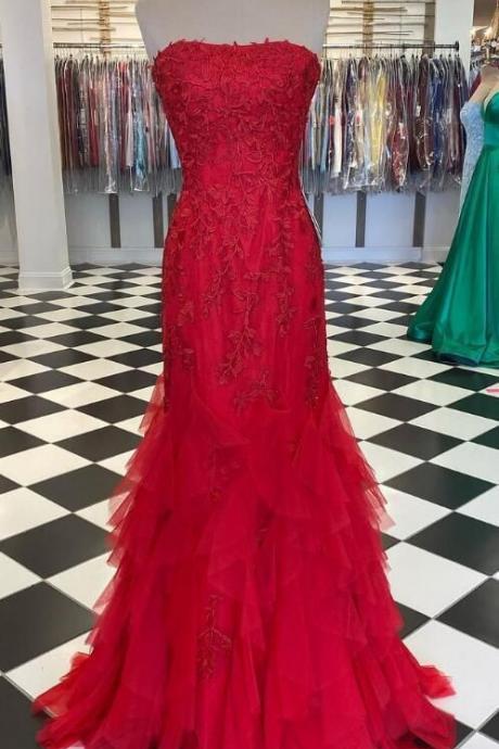 Strapless Long Prom Dress With Appliques And Beading ,school Dance Dresses ,fashion Winter Formal Dress M800