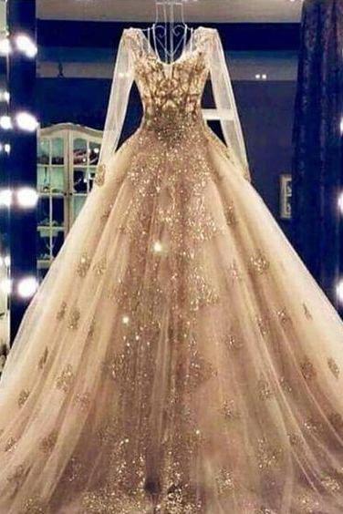 Equins Wedding Dresses, Bridal Dresses, Long Sleeve Wedding Dress, Gold Evening Dresses M802