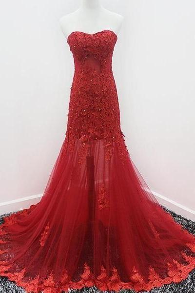 Beautiful Mermaid Tulle Sweetheart Evening Gown, Wine Red Lace Applique Prom Dress M815