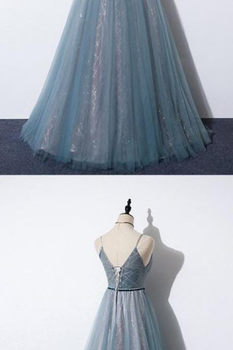 Blue Tulle V Neck Long Customize A Line Halter Prom Dress, Evening Dress M822