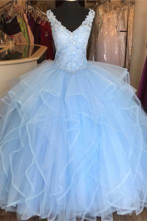 Elegant Lace Appliques V-neck Ruffles Ball Gowns Quinceanera Dresses M823