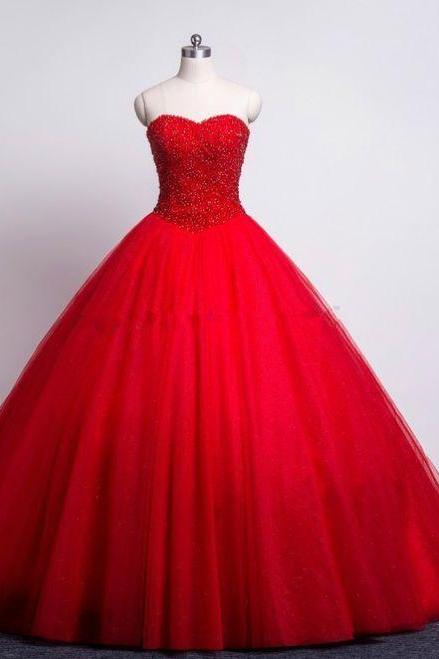 Red Prom Quinceanera Dresses Sweetheart Beaded Corset Tulle Ball Gown M826