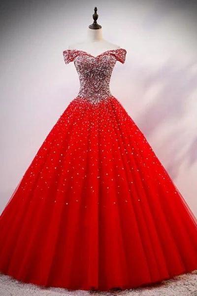 Red Sparkle Tulle Sweetheart Party Dress, Shiny Sweet 16 Dresses M827