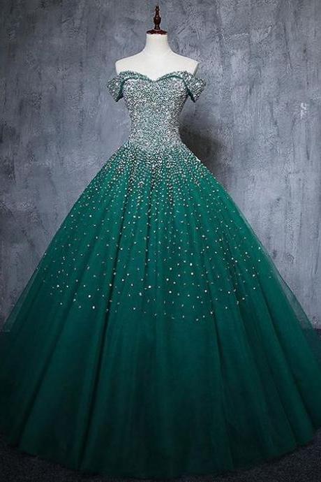 Elegant Off The Shoulder Crystal Beaded Dark Green Quinceanera Dresses Prom Dress Ball Gown M828
