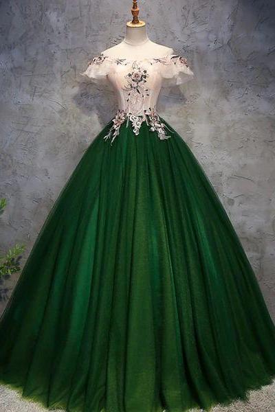 Dark Green Off Shoulder Tulle Long Party Dress, Sweet 16 Dress M829
