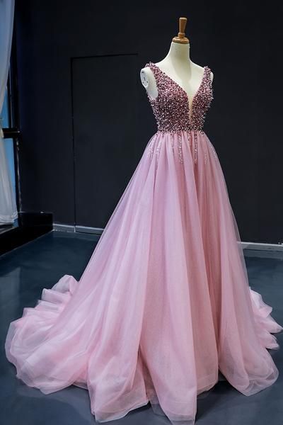 Pink Tulle Beaded Sequins Train V Neck Prom Dress, Pearl Evening Gown M831