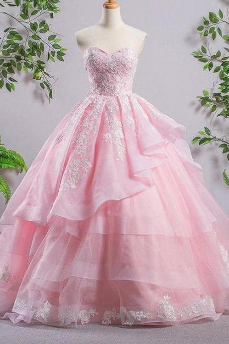 Sweetheart Pink A-line Lace Evening Prom Dresses, Sweet 16 Dresses, Quinceanera Dresses M841
