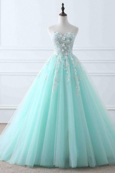 Light Blue Tulle Applique Sweetheart Lace Up Ball Gown Dresses M854