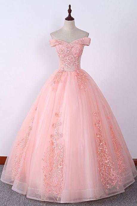 Pink Off Shoulder Embroidery Lace Applique Long Quinceanera Dress, Sweet 16 Prom Dress M855
