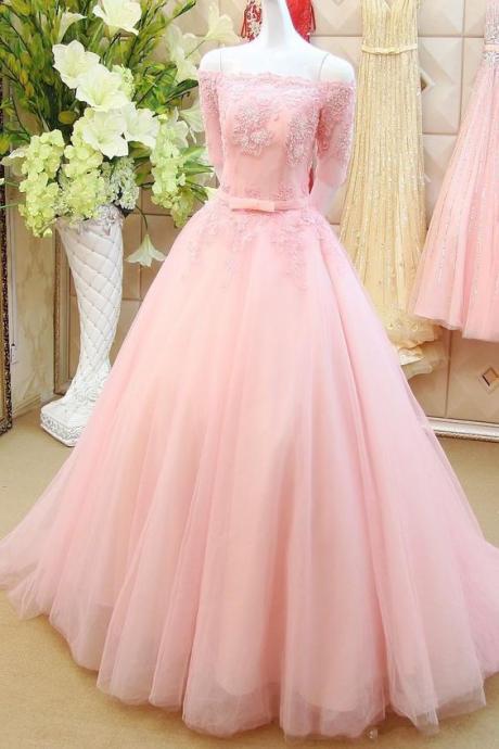 Stunning A-line Prom Dress Pink Prom Gowns Long Evening Gowns For Teens Off-the-shoulder Half Sleeves Lace Formal Gowns M856