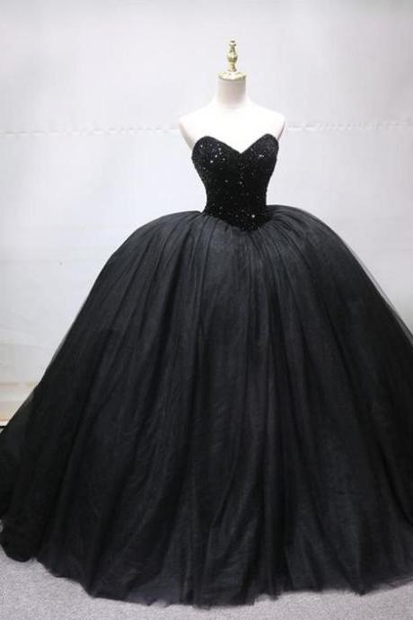 Poofy Sweetheart Tulle Beaded Black Ball Gown ，prom Formal Dresses M861